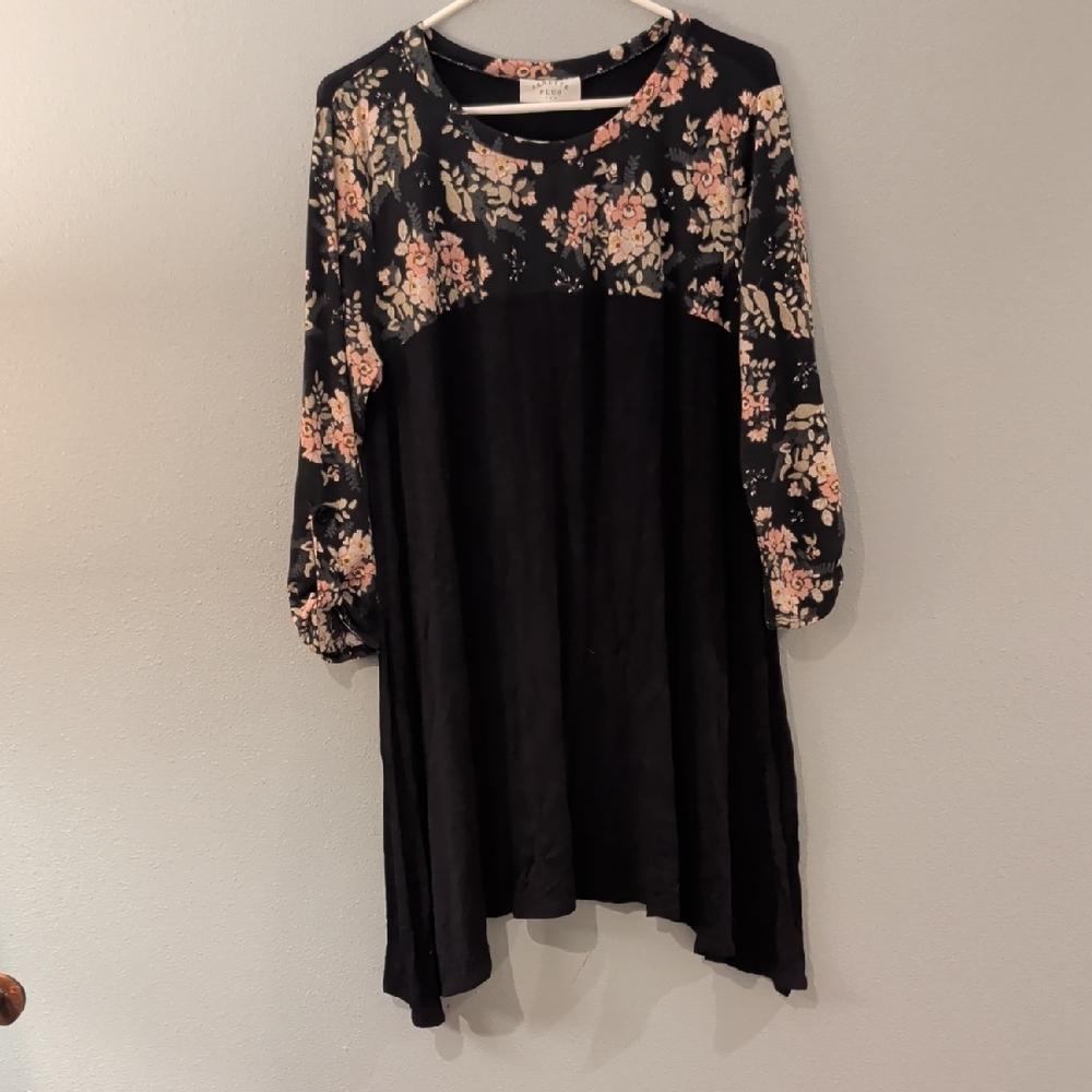 Janette Plus Black and Pink Floral Long Sleeve Dress